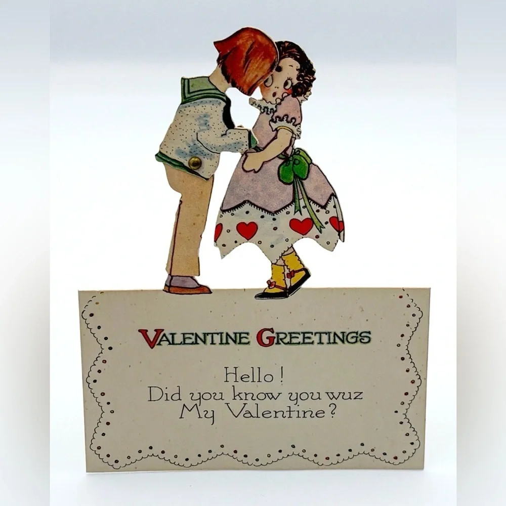 Vintage Valentines Day Stand Up Card Dancing Box Girl Movable Surprise Kiss